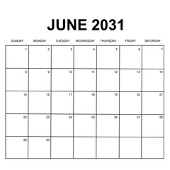 june 2031 calendar. week starts on   Sunday. printable, simple, and clean vector design isolated on white background.