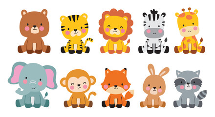Fototapeta premium Cute wild animals cartoon sitting vector illustration. Baby shower woodland animals set including a bear, tiger, lion, zebra, giraffe, elephant, monkey, fox, rabbit, and raccoon.
