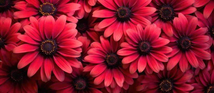 A vibrant display of magenta petals with striking black centers on a group of flowering plants. These annual plants make for beautiful subjects in macro photography or creative arts events