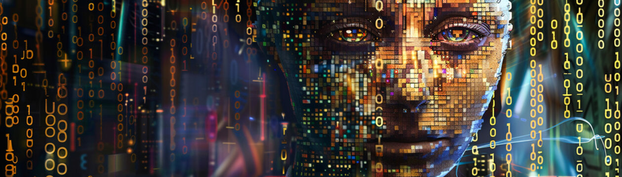 Create a captivating artwork that symbolizes the passing of time through the combination of binary code and a face