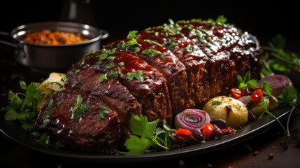 delicious meatloaf with vegetable topping, black and blurred background - obrazy, fototapety, plakaty