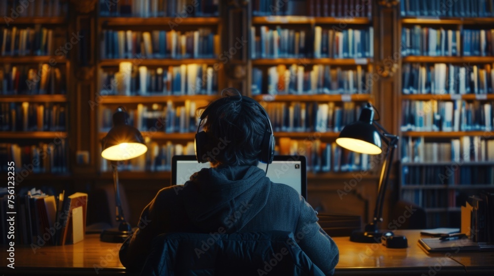 Aufkleber a student sits in a quiet corner of a library laptop open and headphones in. they are accessing an e