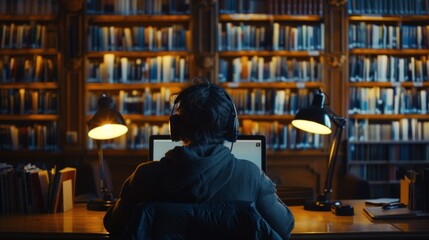A student sits in a quiet corner of a library laptop open and headphones in. They are accessing an elearning course expanding their knowledge on a subject that is not offered