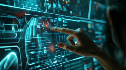 Hand of business woman using immersive hud interface with computer and internet icons, Digital Connectivity in Business, concept of Ai artificial intelligence in business