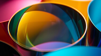 Closeup on the vibrant hues reflected by the lens elements of a DSLR illustrating the optical designs prowess in color rendering