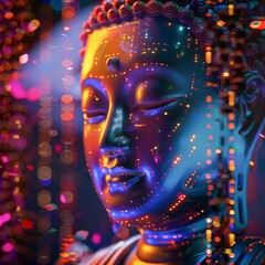 Close up of a Buddha in cyberpunk neon digital matrix codes reflected in serene eyes merging ancient peace with future tech