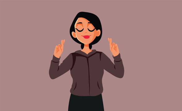 Woman Holding Fingers Crossed for Good Luck Vector Cartoon. Smiling superstitious girl making a wish and a funny gesture 
