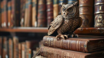 A detailed shot of a sculpted statue of a wise owl perched on a stack of books and serving as the librarys mascot. - obrazy, fototapety, plakaty