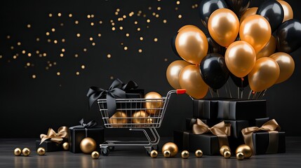 front view of black friday sale background with balloon ornaments, gift boxes and shopping carts