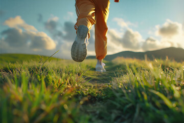 person with orange pant running in the field - obrazy, fototapety, plakaty