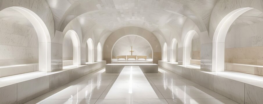 Cathedral crypt entrance clean white marble and minimalist walkway poles under arch