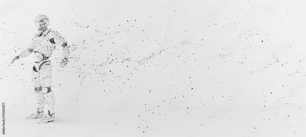 Aufkleber futuristic white robot in 3d with digital network connections and text space, technology concept