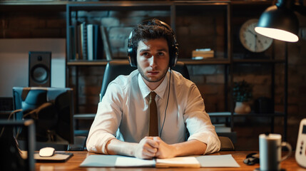 business person with headphones, businessman or entrepreneur sharing his business experience in a podcast 