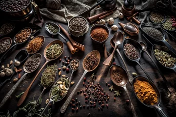 Poster Spices and herbs in metal spoons on an old wooden table © LAYHONG