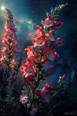 Fototapeta na wymiar Beautiful pink gladiolus on a background of the night sky