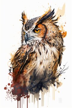 Watercolor painting portrait of an owl on a white background with splashes
