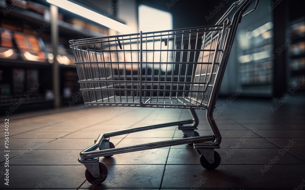 Poster empty shopping cart in a supermarket. shallow depth of field. toned.