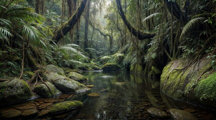 Tropical rainforest with small stream and mossy boulders - obrazy, fototapety, plakaty