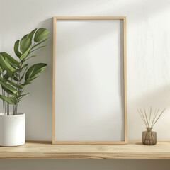 Wall frame mockup in room with decoration realistic