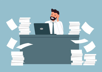 Man overwork in office, deadline vector illustration. Manager sitting at computer desk with stack of documents in mess and deadline tasks holding hand on head in flat design.