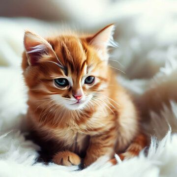 kitten cat sitting on a fluffy white blanket