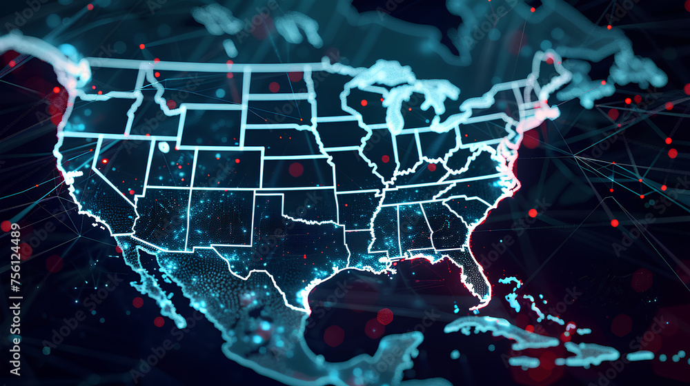 Canvas Prints abstract digital map of america, concept of american global network and connectivity, data transfer 