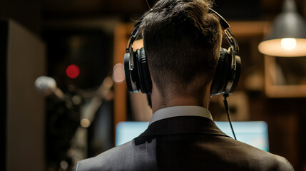 business person with headphones, businessman or entrepreneur sharing his business experience in a...