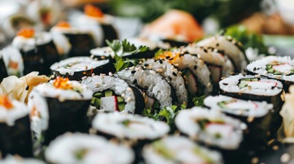 A closeup of a platter of beautifully plated sushi rolls showcasing a variety of creative and innovative flavor combinations each roll adorned with intricately vegetables