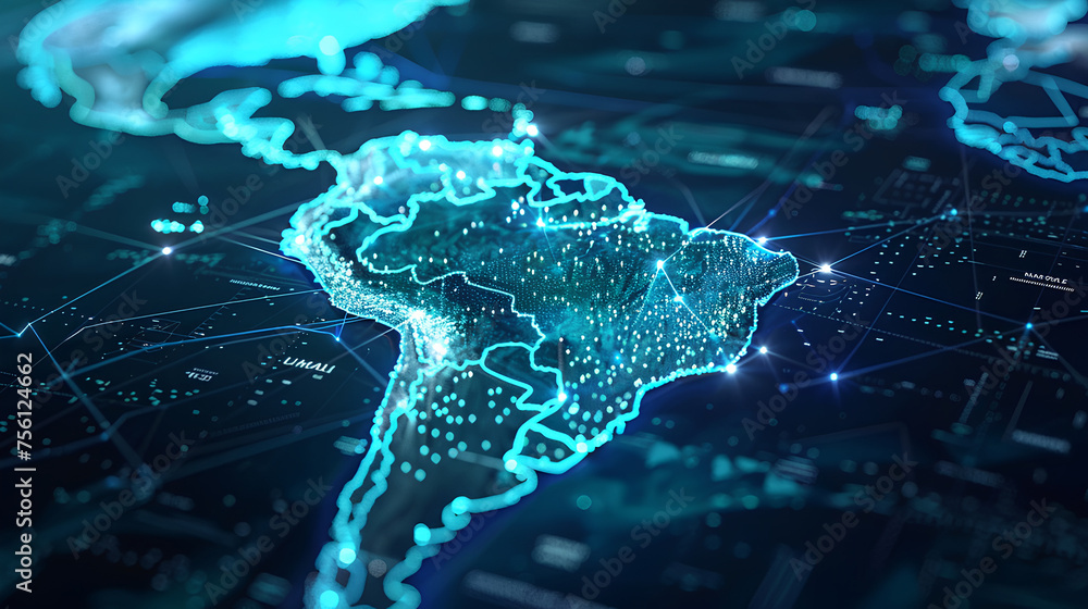 Wall mural abstract digital map of south america, concept of global network and connectivity, data world transf