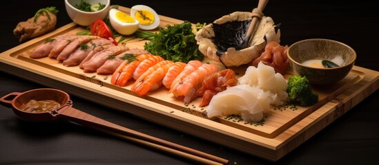 A wooden cutting board showcasing a variety of sushi and fresh vegetables, a delicious mix of...