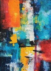 Abstract multicolor grunge painting with geometric shapes and brush strokes. Contemporary painting. Impressionism style. Oil on canvas. Modern poster for wall decoration