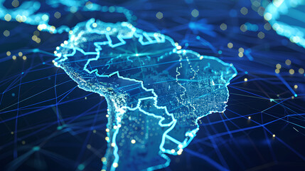 Abstract digital map of South America, concept of global network and connectivity, data world transfer and cyber technology, information exchange and telecommunication 