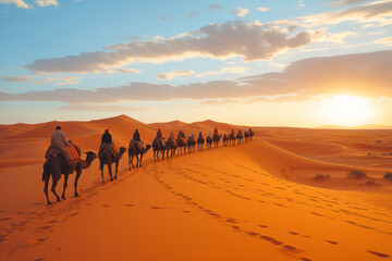 Caravan of camels travels through sand dunes of desert AI Generative