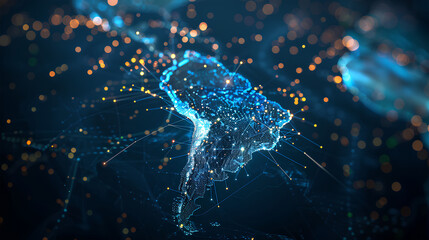 Abstract digital map of South America, concept of global network and connectivity, data world transfer and cyber technology, information exchange and telecommunication  - obrazy, fototapety, plakaty