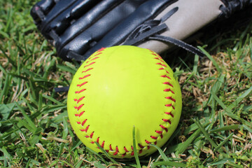 Softball closeup with mitt