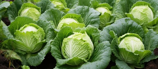 A variety of leafy green cabbage plants, including Iceburg lettuce and wild cabbage, are thriving in a field, providing essential ingredients for natural foods and staple vegetable dishes