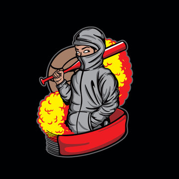 vector illustration design of football supporter in jacket carrying stick