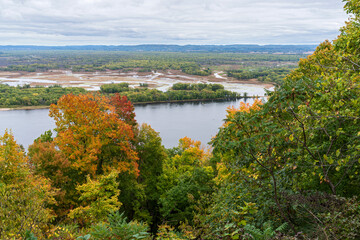 overlooking mississippi river and sloughs from great river bluffs state park in driftless region of southeastern minnesota  - obrazy, fototapety, plakaty