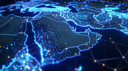 Abstract map of Saudi Arabia, Middle East and North Africa, concept of global network and connectivity, data transfer and cyber technology, information exchange and telecommunication  - obrazy, fototapety, plakaty