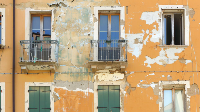 An image of a building with a damaged facade but with patches of selfhealing materials that have repaired the damage and restored the buildings structural integrity symbolizing