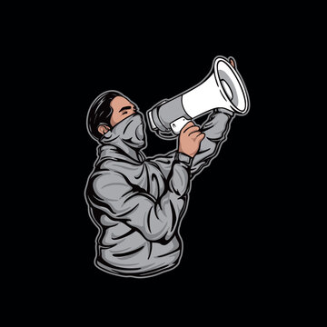 vector illustration of supporters wearing jackets shouting using loudspeakers