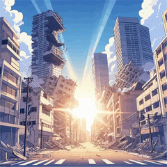 Cartoon scene of a city in ruins by an earthquake in a sunny day, digital illustration vector - obrazy, fototapety, plakaty