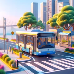Möbelaufkleber City bus in the street, 3D render illustration © Agustin A
