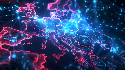 Abstract map of Western Europe, concept of European global network and connectivity, data transfer and cyber technology, information exchange and telecommunication 