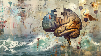 Artful brain overlay on textured backdrop with puzzle motifs and light bulbs, reflecting mental health's intricate nature.