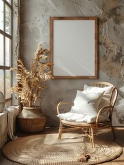 Living room wall poster mockup. Interior mockup with house background