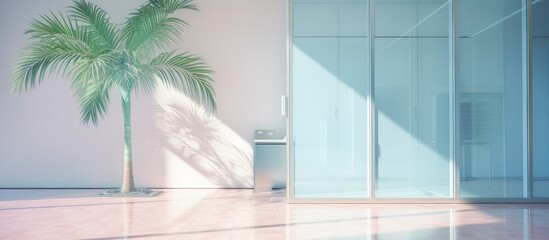Office corridor with glass door and closet, palm tree in pot on cabinet in bright corridor