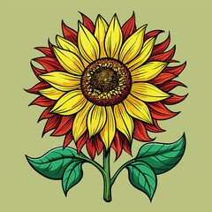 Fototapeta premium Retro a yellow sunflower with green leaves for Tshirt Design
