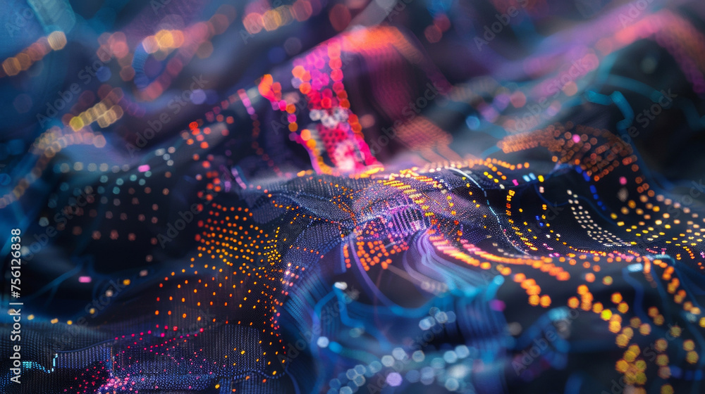 Poster a zoomedin image of an electrochromic textile with a detailed intricate design that changes color as
