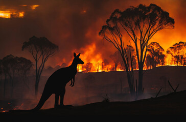 Bush fire in outback Australia with kangaroo. AI Generated